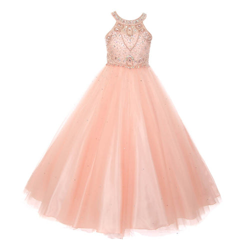 Girls Dazzling Halter Beaded Tulle Special Occasion Dress 4-16 - SophiasStyle.com